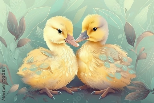 A cute, little two ducklings hug each other, a symbol of love. Pastel, creative, animal concept. Valentine's Day, duck couple in a pet relationship. Illustration. Generative AI