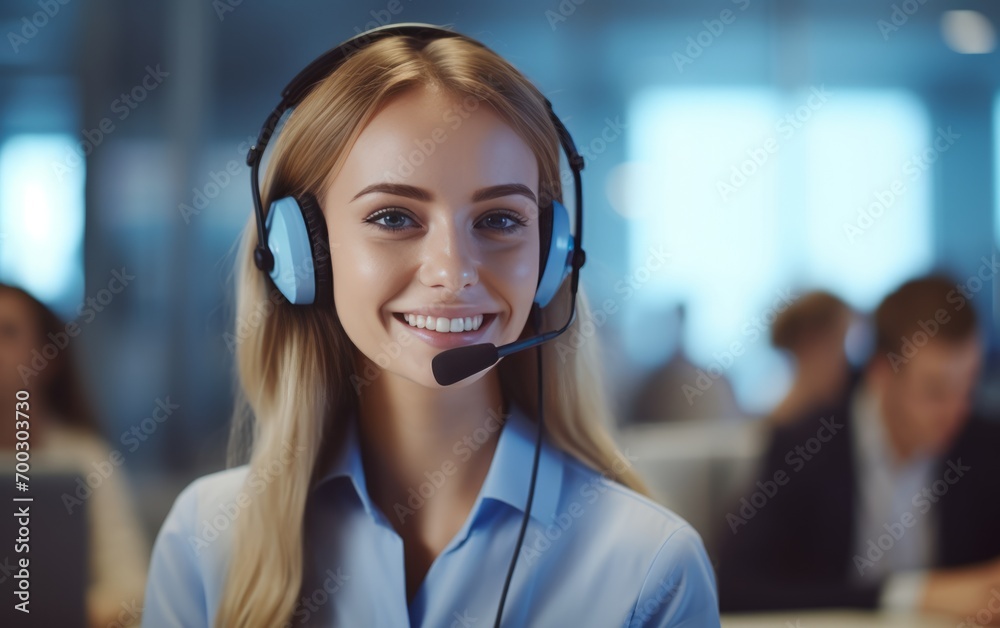 A professional working as a call center manager, dressed in an elegant light blue and white suit A professional working as a call center manager, dressed in an elegant light blue and white suit
