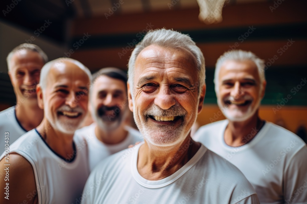 Group portrait of smiling senior men in basketball gym Group portrait of smiling senior men in basketball gym