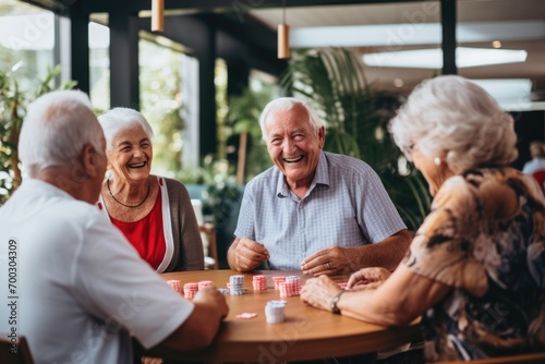 Diverse group of senior people playing cards in nursing home photo