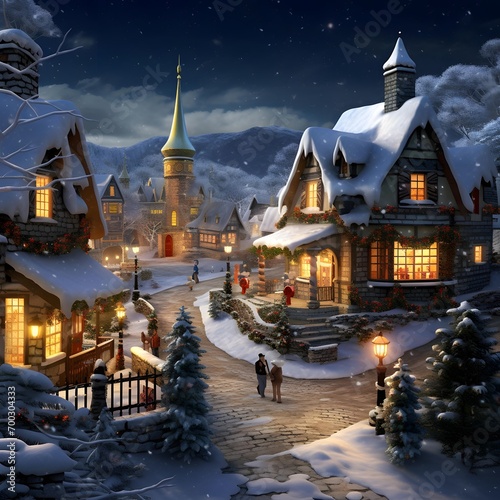 Illustration of a small village in the snow at night with a full moon