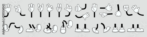 Set of 70s groovy comic leg, hand vector. Collection of cartoon character leg, hand in different emotions happy, angry, sad, cheerful. Cute retro groovy hippie illustration for decorative, sticker