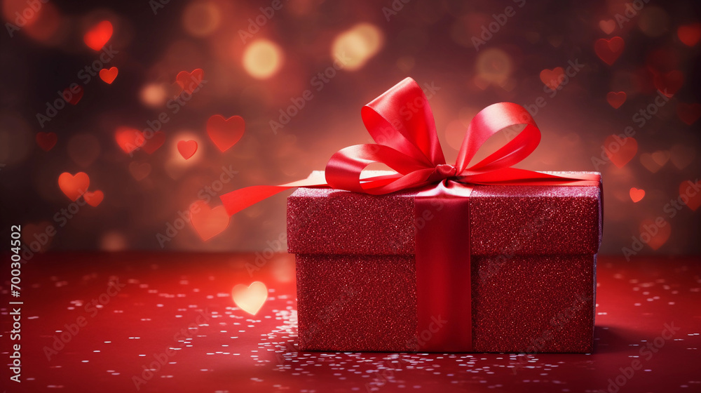 Red gift box with satin ribbon on glowing red background with heart-shaped bokeh lights 
