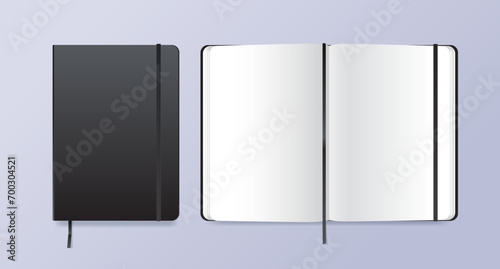 Black closed and open realistic notepad. Vector illustration