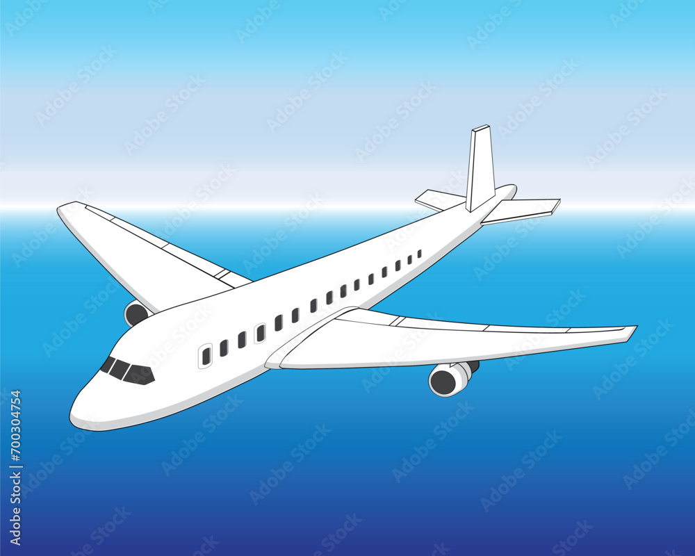 vector design of a plain white passenger plane flying over a dark blue sea and a light blue sky background