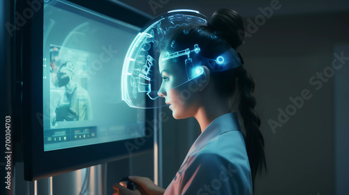 Screen displays woman using head scanning device for neurology diagnosis With copyspace for text 