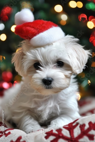 Adorable Christmas Havanese Puppy with Santa Hat. Portrait of a Playful and Friendly Canine Friend