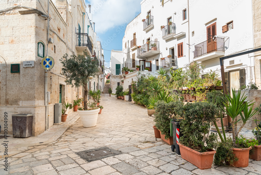 Narrow street with bars and restaurants in the center of the Polignano a Mare village, in province of Bari, Puglia, Italy