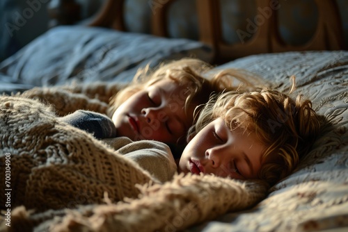 Calm Morning Embrace: Family Sleeping Closeup in Comfy Bedchamber
