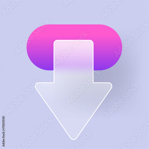 Arrow down with glassmorphism effect. Transparent pointer direction glass icon. Vector illustration