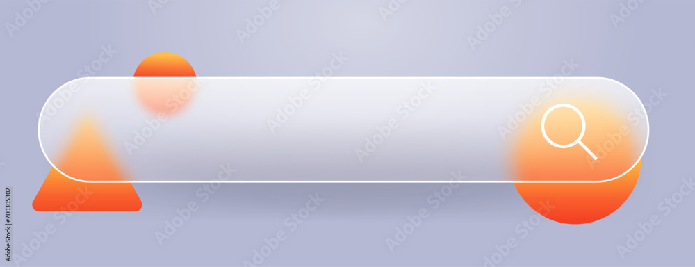 Glass morphism search bar icon on gray background. Glass search panel with blurred elements. Vector abstract illustration