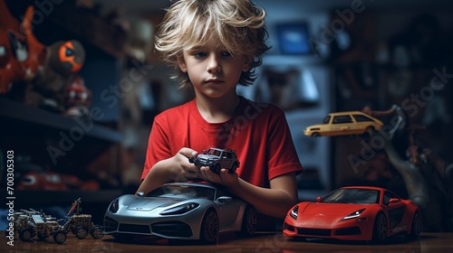 Boy with remote-controlled sports car toy and joystick.