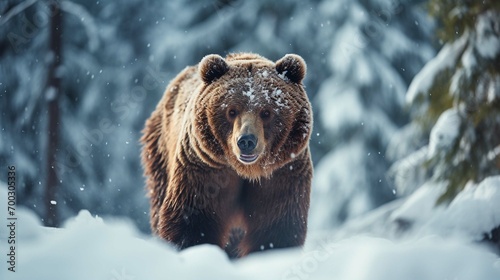 Brown bear in winter forest, walking. Snowfall, blizzard. Scientific name: Ursus arctos photo