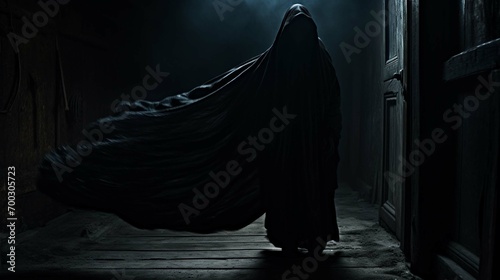 Hooded figure stalking in dark hall, appearing menacing and lost