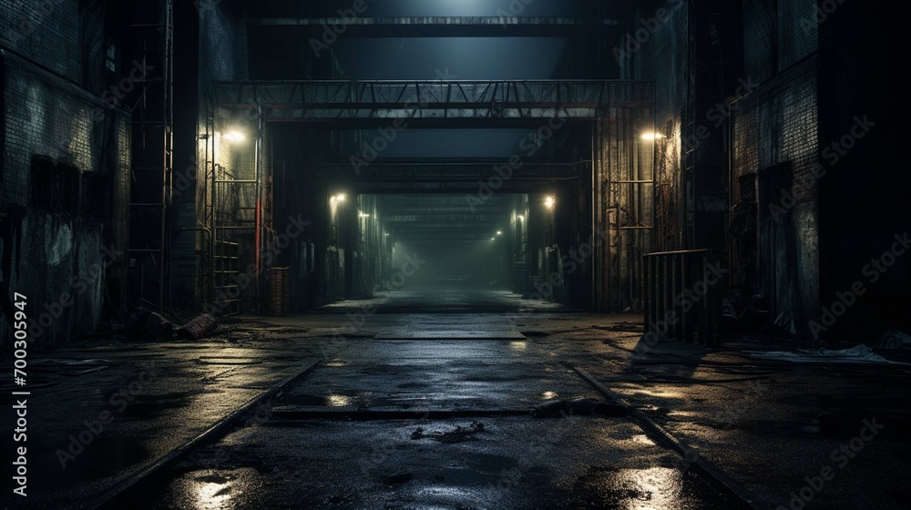 Nighttime entrance to frightening city warehouse loading area