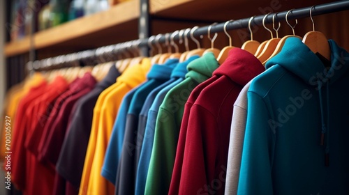 Multicolored youth sweaters and hoodies on hangers in a store clothing concept