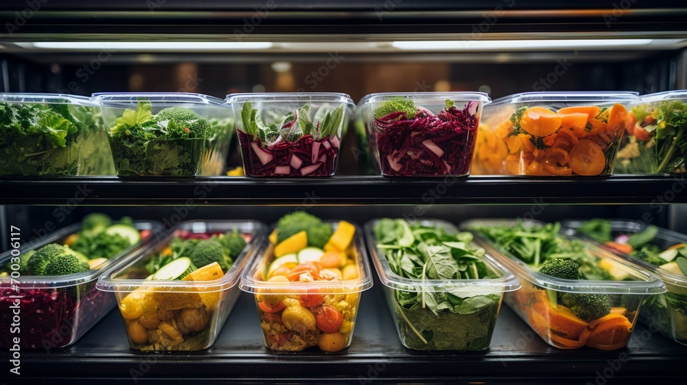 Ready-to-eat vegetable salads in plastic boxes sold in a fridge