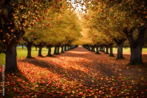 An orchard with apple trees, the ground covered in fallen apples and leaves, a crisp autumn day photo