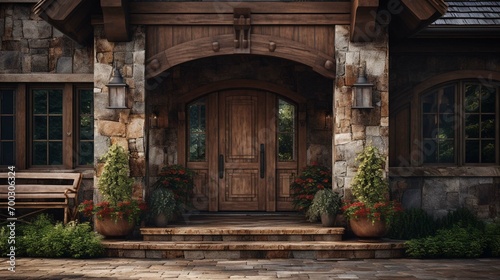 Stone house with front porch and beautiful wooden door