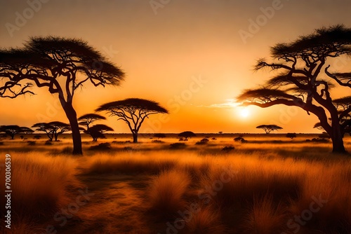 A vast savannah landscape under a sunset  with acacia trees silhouetted against a dramatically lit sky