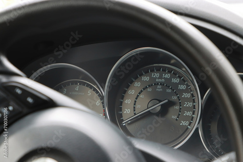 Speedometer, instrument inside the car interior. Dashboard