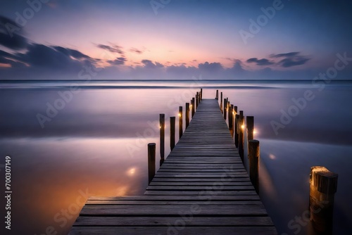 A peaceful beach at twilight  with a wooden pier extending into the water and soft lights illuminating the scene
