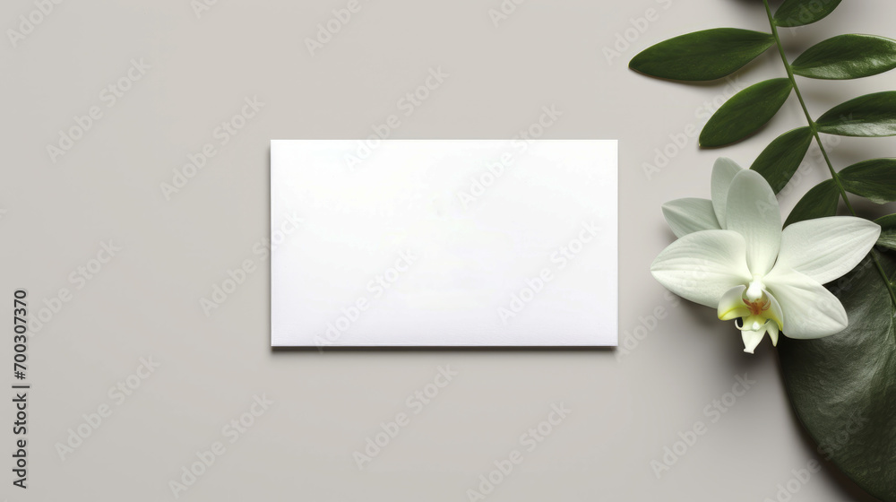 Mockup for business card on the table with green leaf Mockup for business card on the table with green leaf