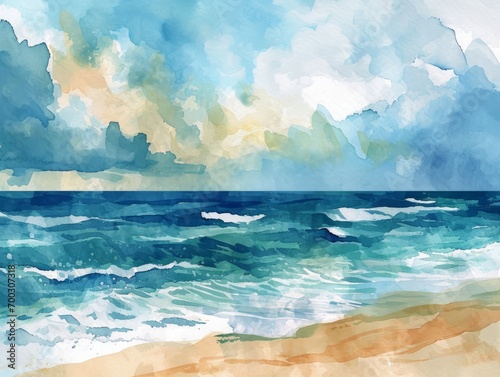 Seascape with sand and sea. Watercolor background. illustration. Generative AI © Alex