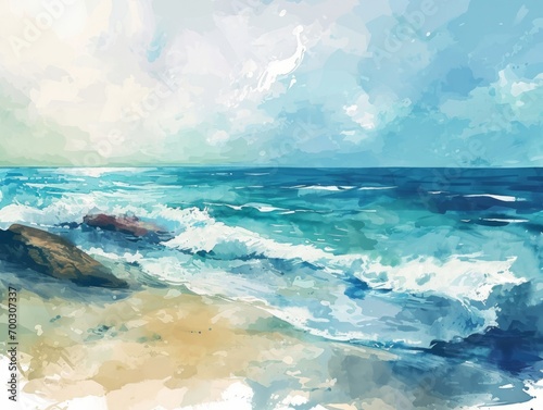 Watercolor seascape. Seascape with waves. illustration Generative AI © Alex