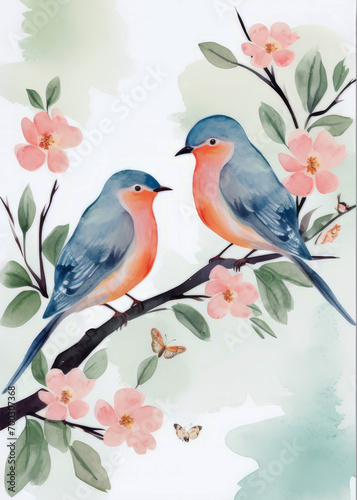 Two birds on a branch with flowers. Watercolor illustration. Valentine's Day