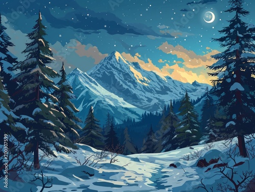 Winter landscape with snow-covered forest and mountains. illustration. Generative AI © Alex