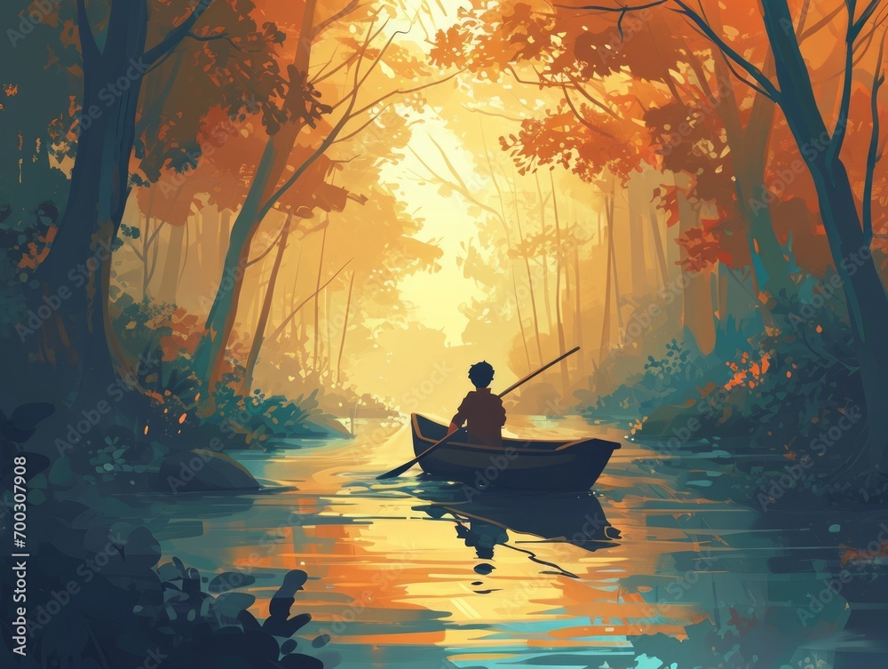 Silhouette of a man in a boat on the lake. illustration. Generative AI