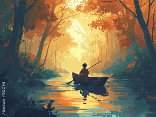 Silhouette of a man in a boat on the lake. illustration. Generative AI