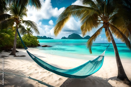 A tropical beach paradise, featuring powdery white sand and a turquoise sea. A hammock is strung between two palm trees, overlooking the tranquil waters