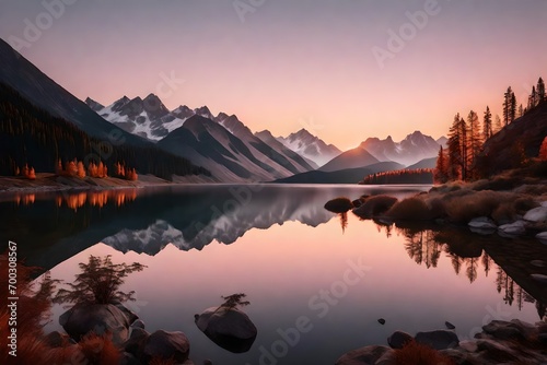 A tranquil mountain lake at dawn, with the surrounding peaks reflected perfectly in the still water. The sky is painted in soft hues of pink and orange, heralding the arrival of a new day