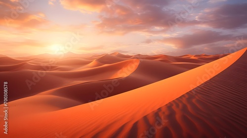 Desert sand dunes panorama at sunset. 3d render