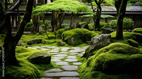 Japanese garden with green moss and stone path. Panoramic image.