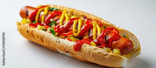 Condiment-filled hot dog sandwich.
