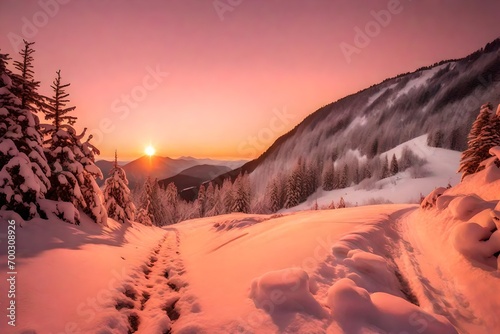 A tranquil snowy trail in the mountains during a quiet sunset, with the sky painted in soft shades of orange and pink