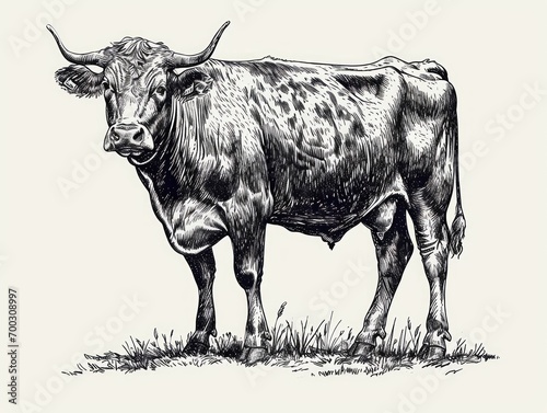 hand drawn illustration of a cow. Engraving style. Generative AI