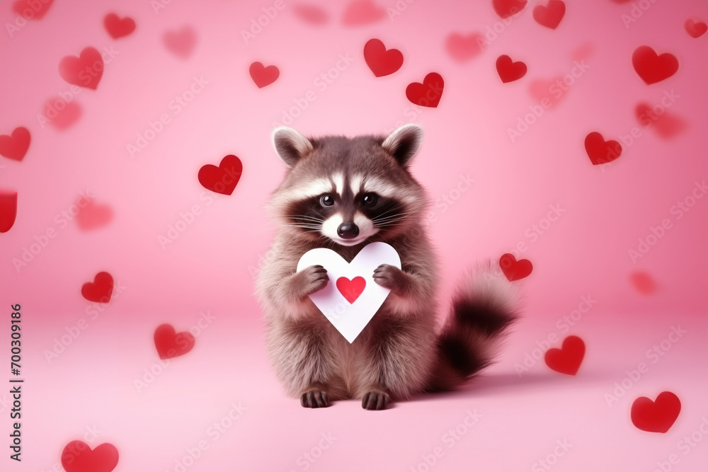 a cute racoon holding a valentine's day heart on a clean colorful background a cute racoon holding a valentine's day heart on a clean colorful background