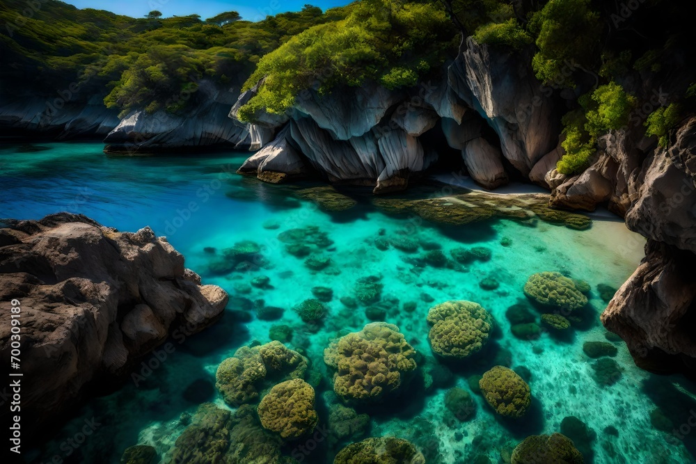 A peaceful cove with clear blue waters, perfect for snorkeling and exploring underwater life A peaceful cove with clear blue waters, perfect for snorkeling and exploring underwater life