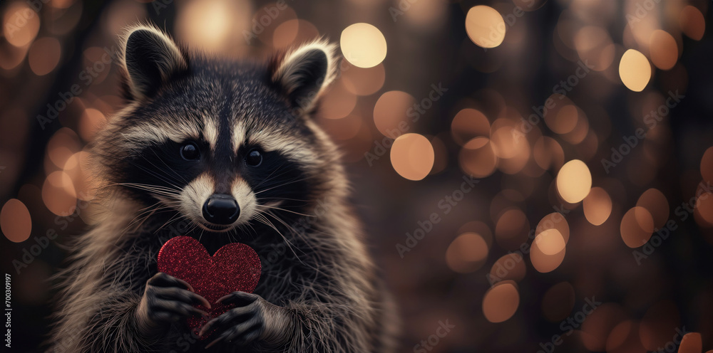 a cute racoon holding a valentine's day heart - obrazy, fototapety, plakaty 