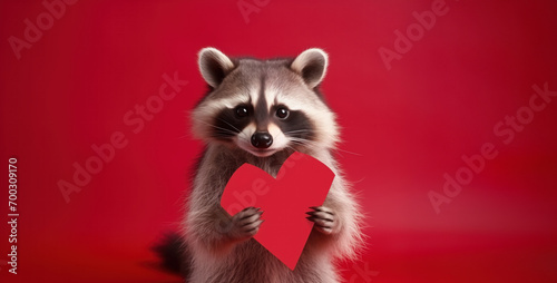 a cute racoon holding a valentine's day heart on a clean colorful background © StockUp