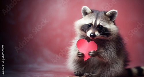 a cute racoon holding a valentine's day heart on a clean colorful background © StockUp