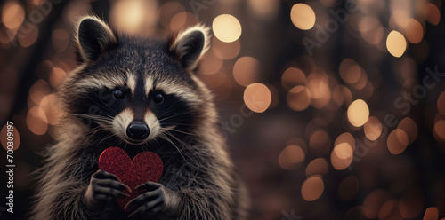 a cute racoon holding a valentine's day heart photo
