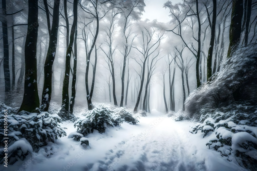 Fototapeta premium A secluded path in a snowy forest, with thick snow clinging to the trees and a soft mist hanging in the air