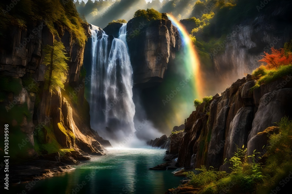 A majestic waterfall cascading down a rocky cliff surrounded by vibrant greenery. The water's mist creates a rainbow in the sunlight, adding a magical touch to the scene