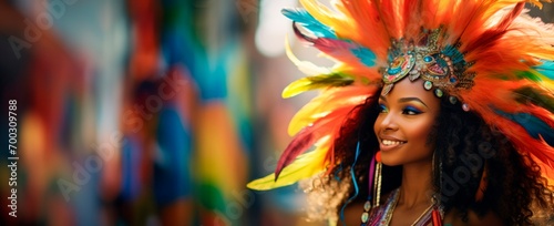 woman in colorful costume and feathers at Rio Carnival, bright colors, smiling, in the street,, blurred background, horizontal banner, large copy space for text, brazilicarnival and Mardi Gras concept