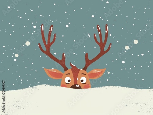 Christmas greeting card with cute reindeer in snow. illustration. Generative AI